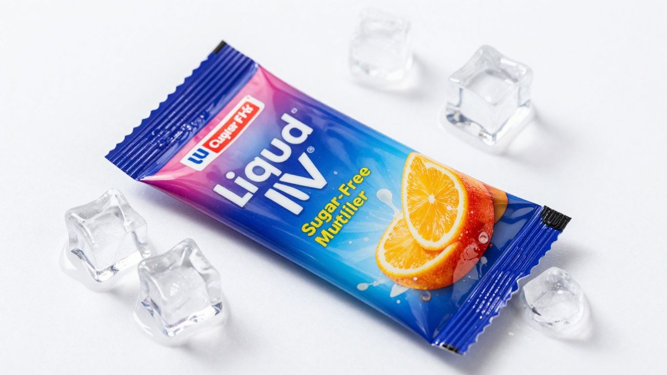 Liquid IV Sugar-Free Hydration Multiplier packet with ice cubes.