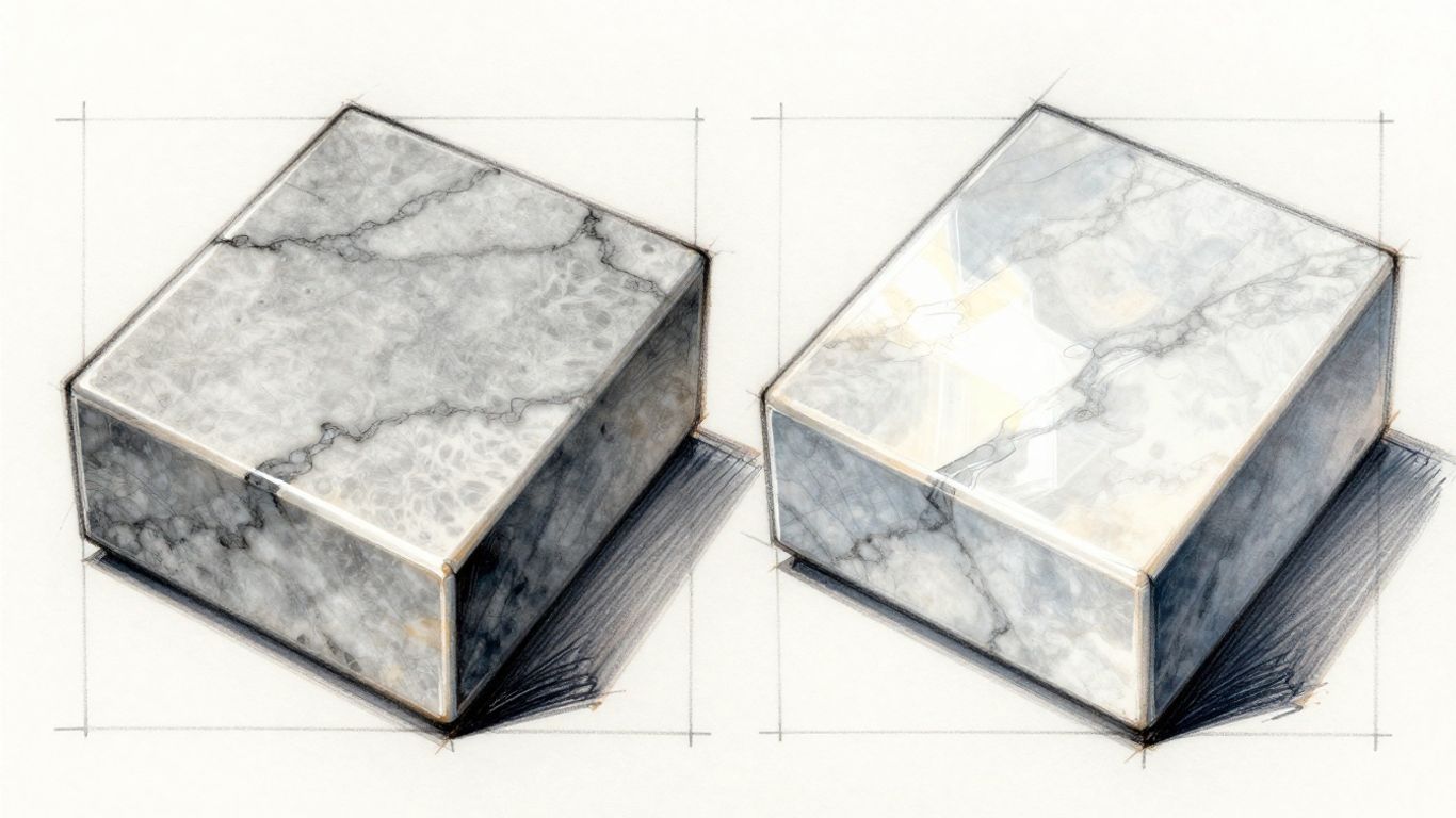 Honed vs polished marble finishes comparison sketch.