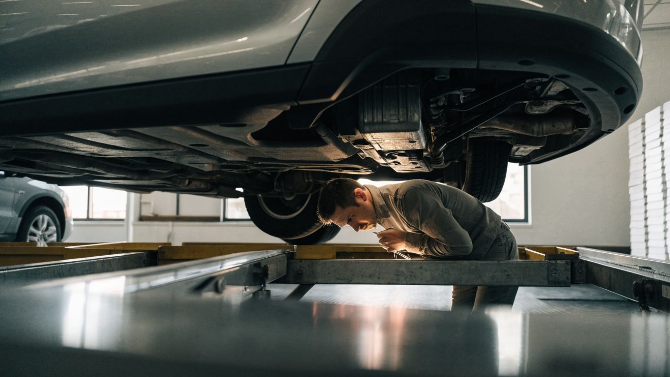 Mechanic checking a vehicle transmission beneath a raised car