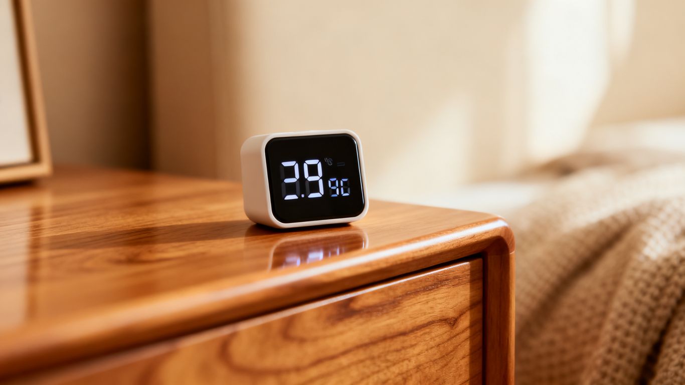 A digital hygrometer on a table