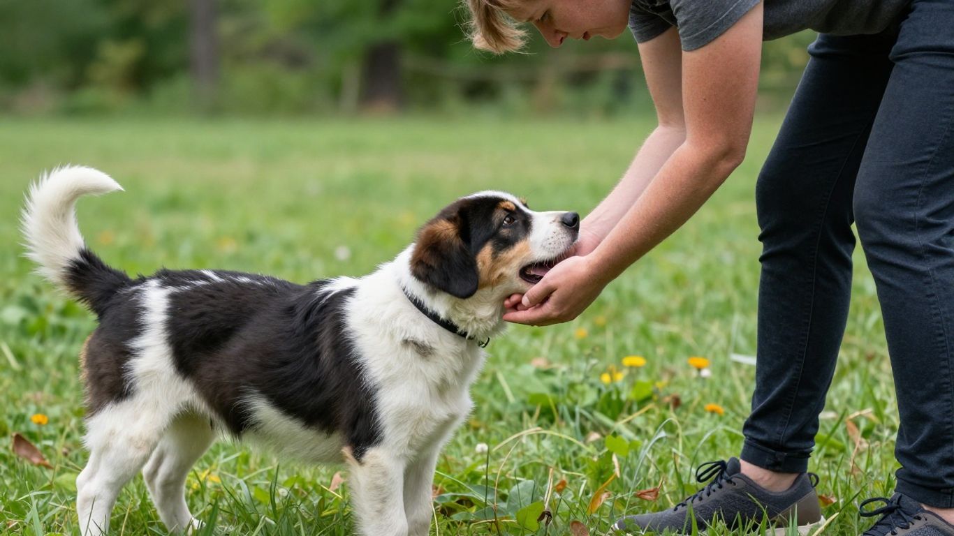 Handler redirects puppy's mouthing during outdoor training.