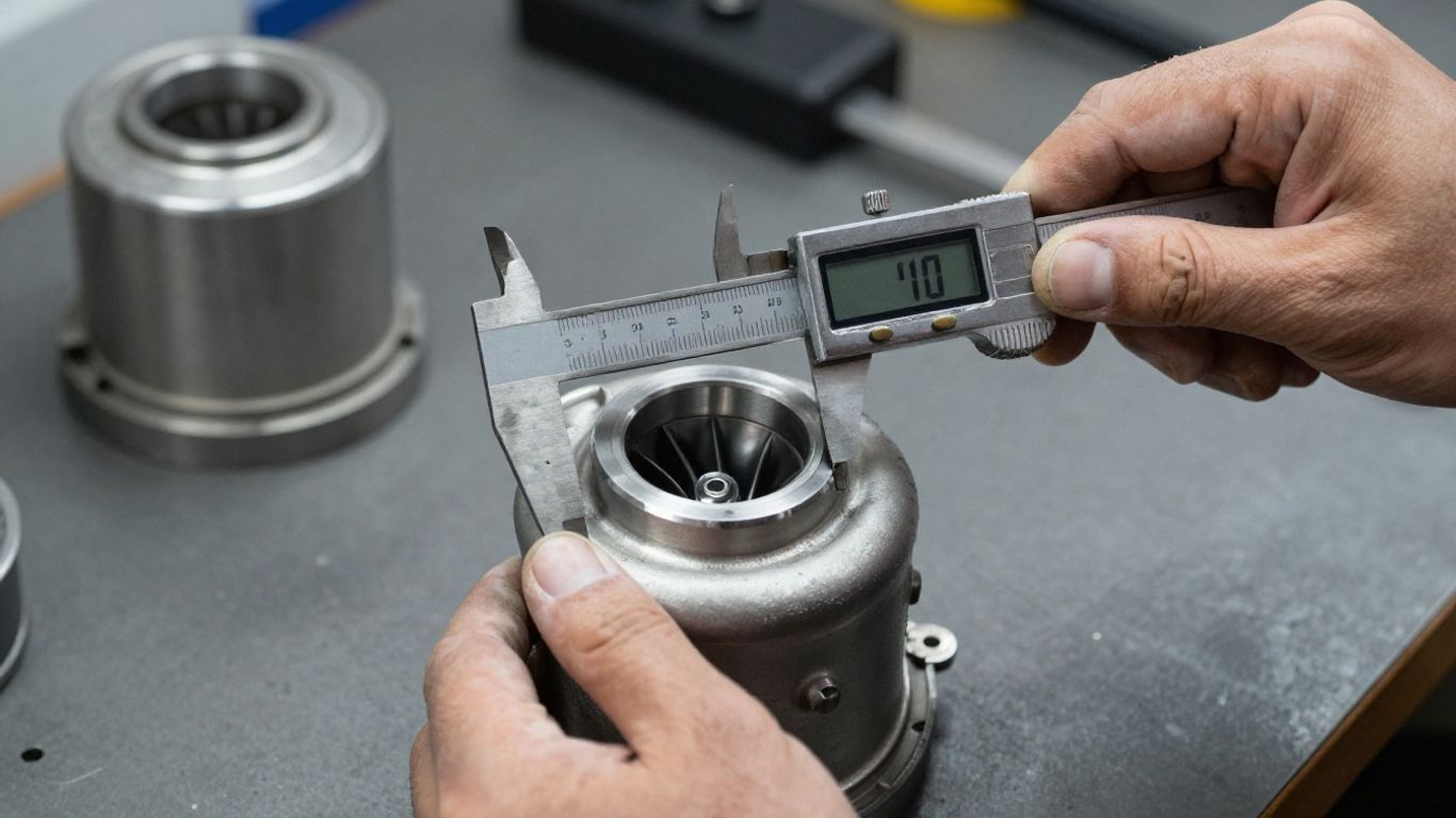 Hands inspecting a turbocharger turbine blade