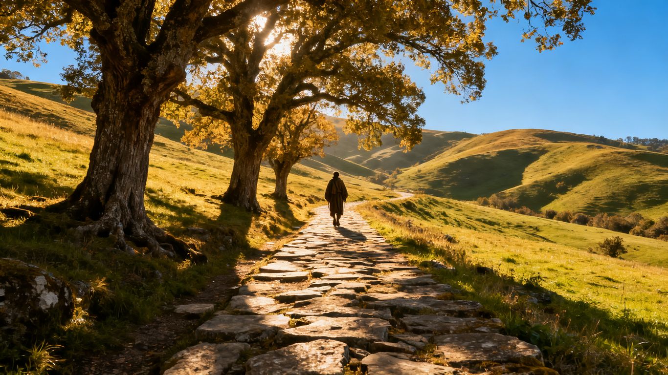 Pilgrim walking on a scenic path towards distant hills.