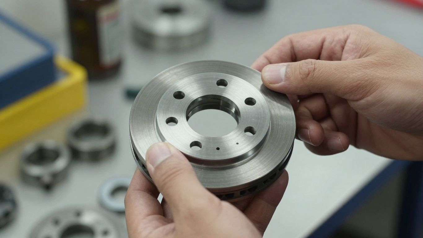 Technician inspecting vehicle brake component