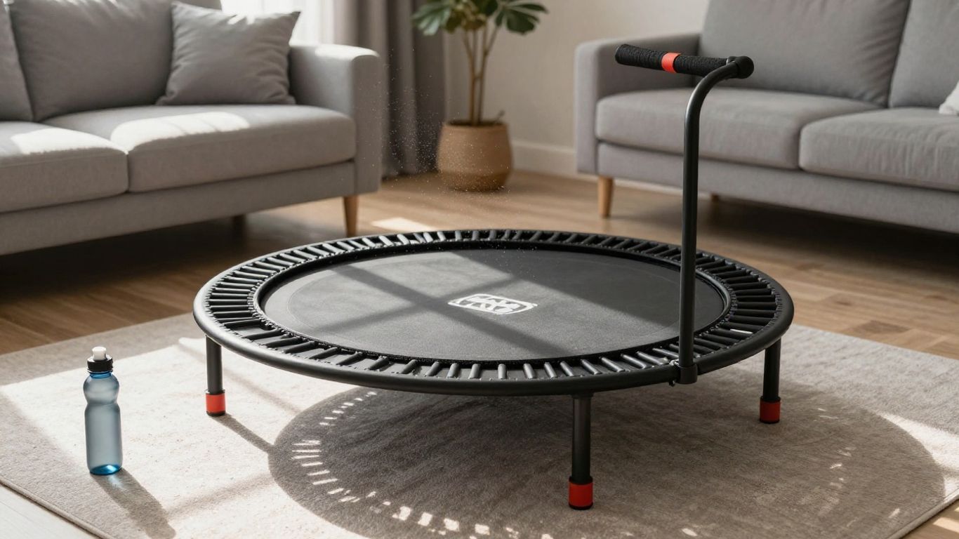 Mini trampoline in a sunlit living room.