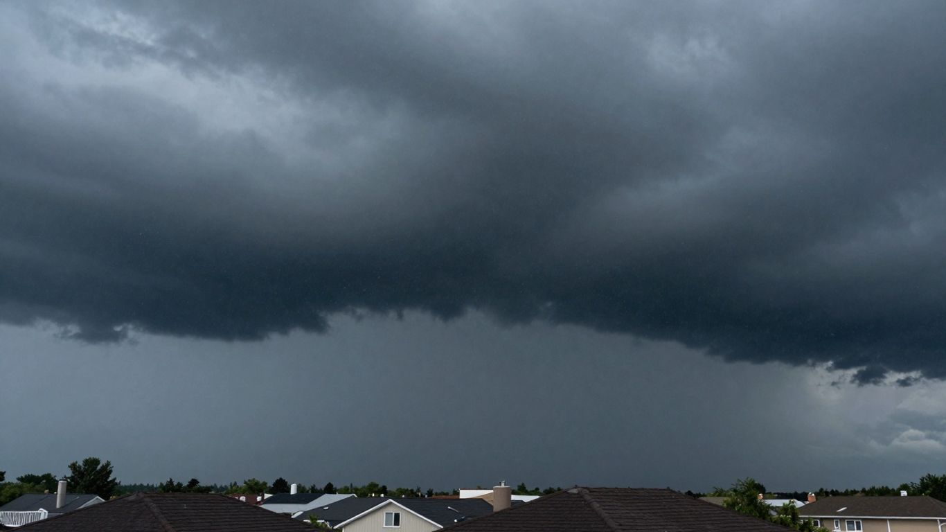 Stormy sky with falling hailstones over a rooftop.