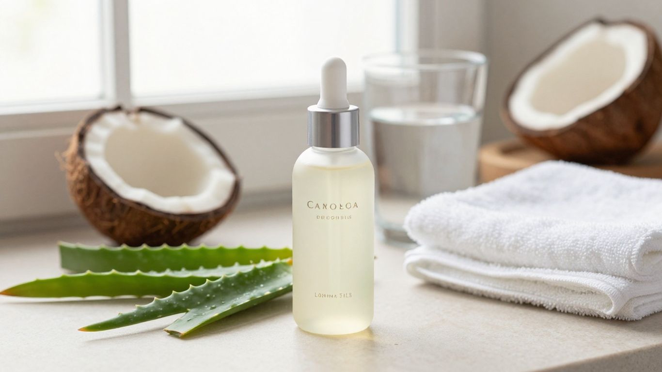 A bottle of lubricant beside botanical ingredients