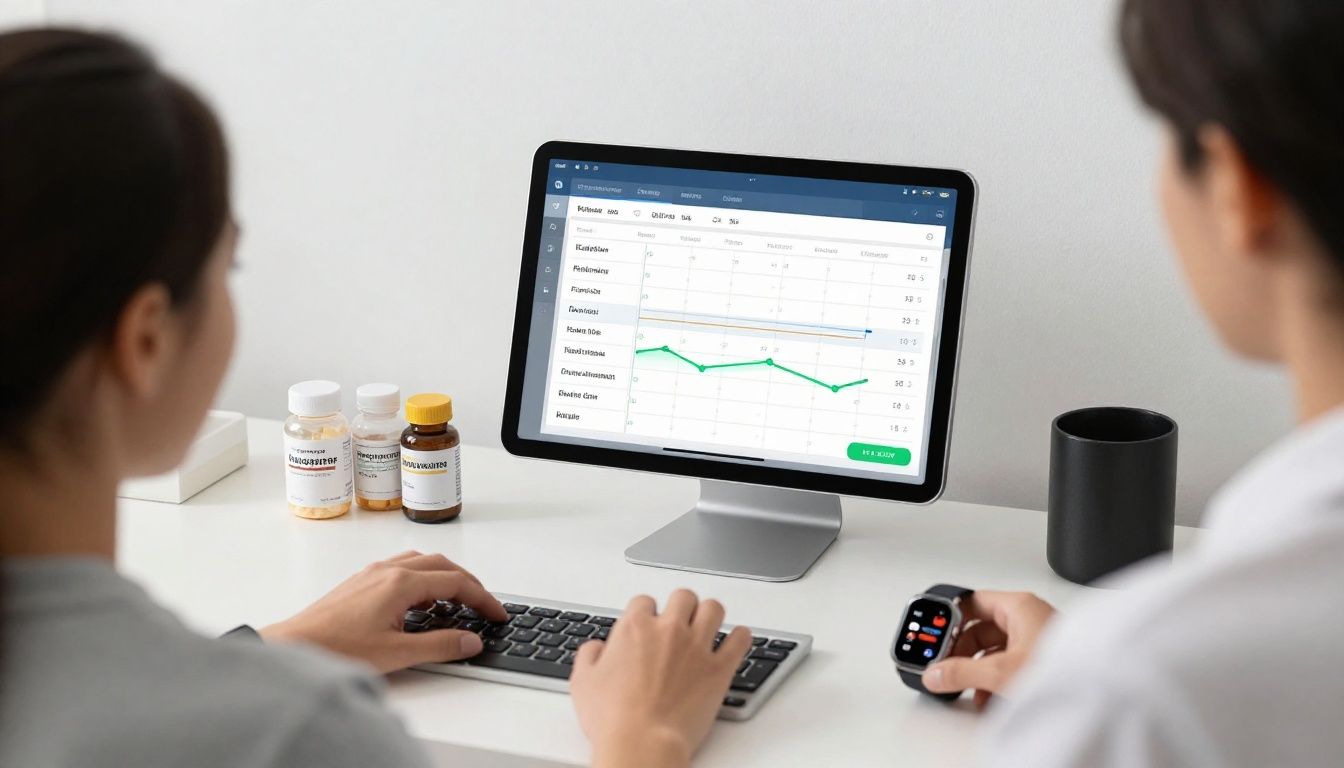 A bright, clean modern home office workspace featuring a digital tablet displaying health tracking charts and progress graphs, alongside neatly arranged medical supplement organizers and a fitness watch, reflecting a high-performance, organized lifestyle.