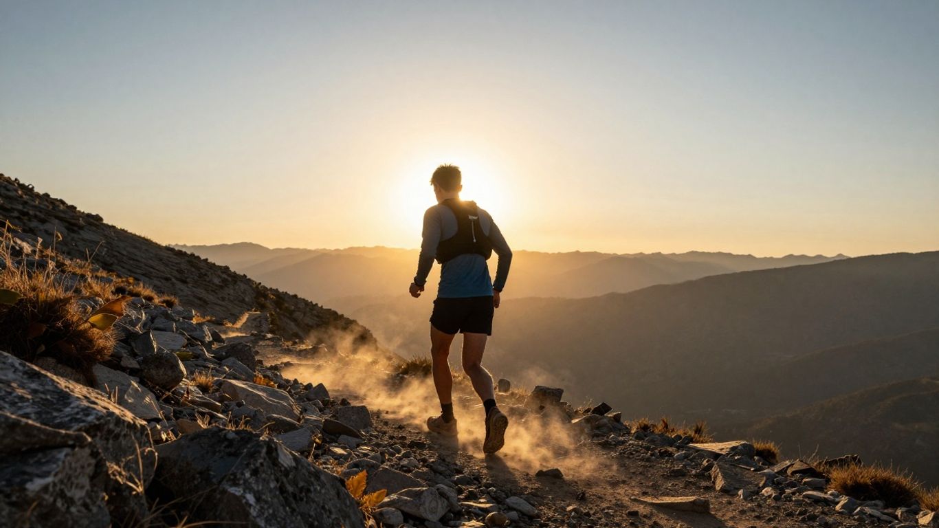 Runner on mountain trail at sunrise, vast landscape