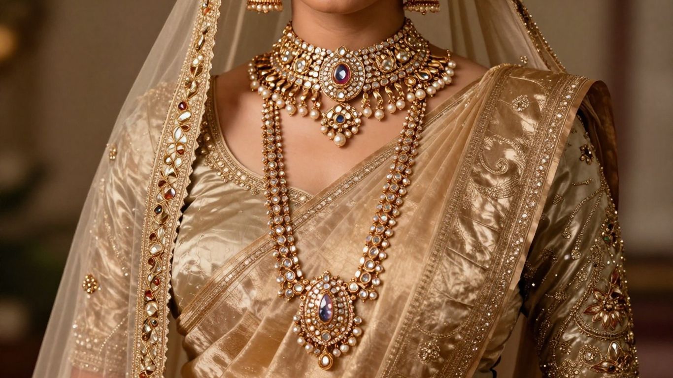 Bride in silk saree with elaborate gold bridal jewelry.
