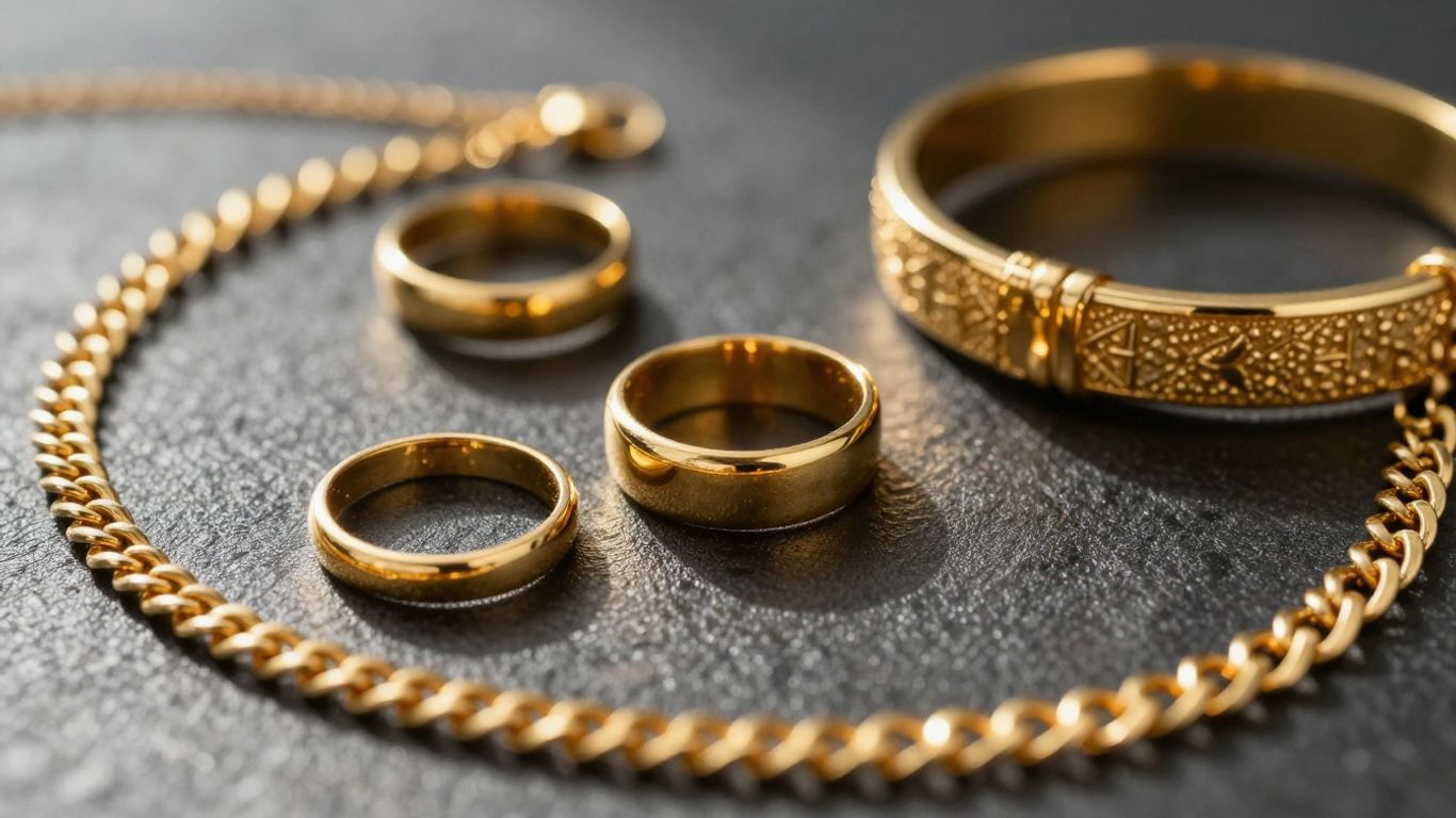 Shiny gold jewelry on a dark background
