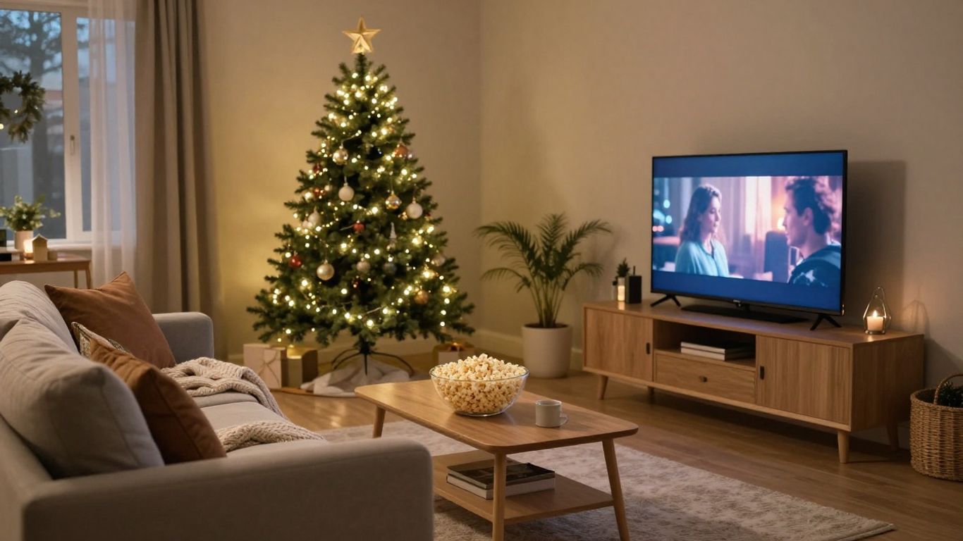 A cozy living room ready for a holiday movie night