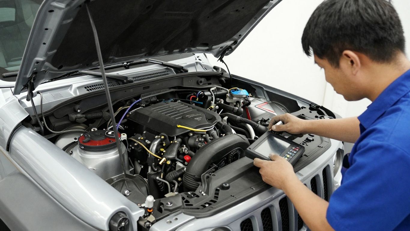 Mechanic inspecting a Wrangler engine in workshop