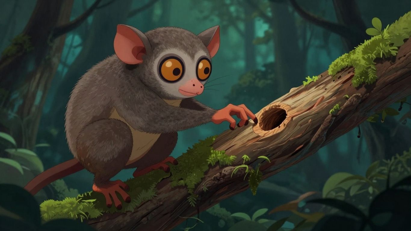 Aye-aye with long fingers probing a tree.