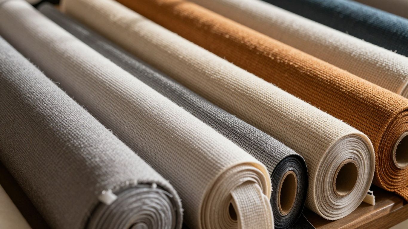 Rolls of upholstery webbing in various colors and textures.
