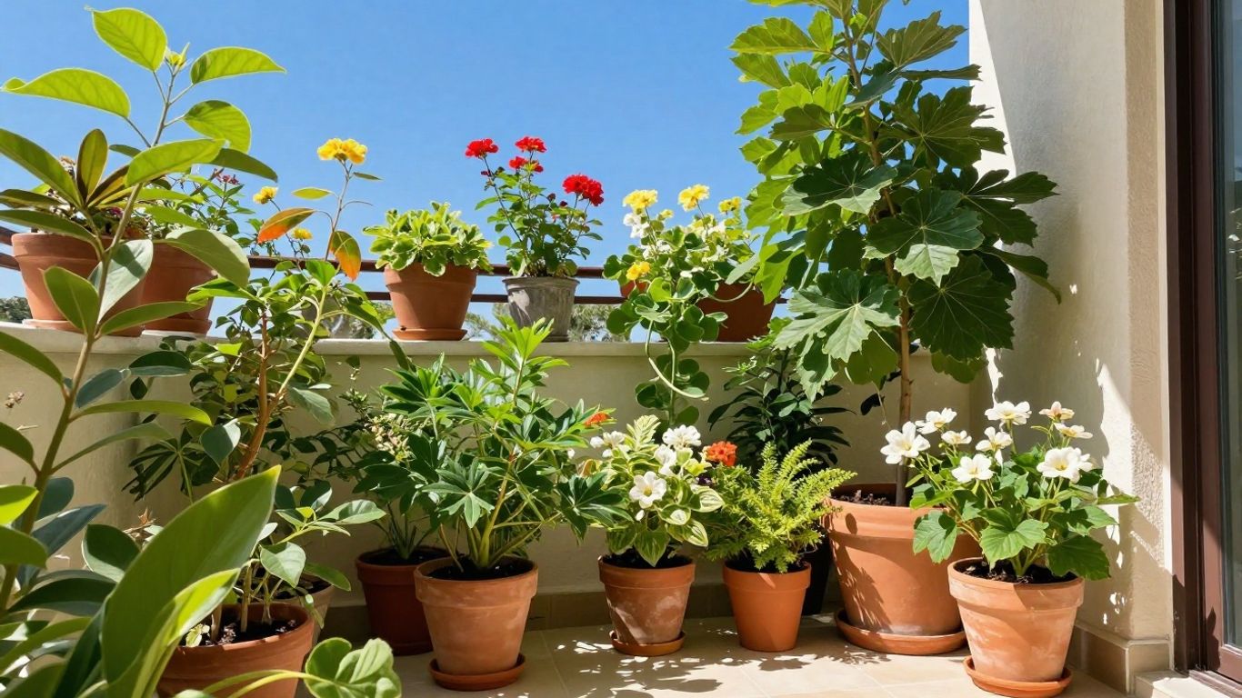 Pflanzen auf einem sonnenbeschienenen Balkon