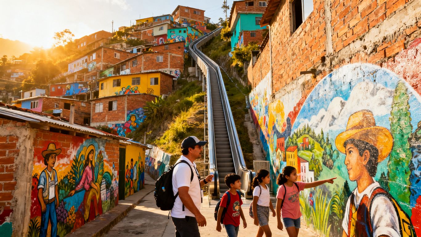 Colorful Comuna 13 murals and hillside escalators