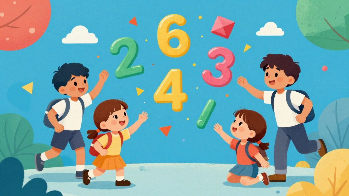 Children playing with colorful math shapes and numbers.