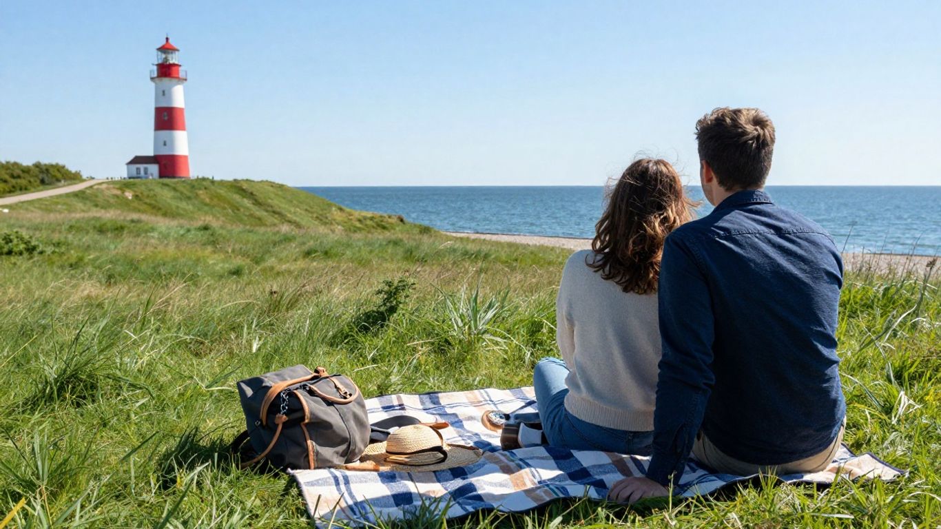 Couple on a scenic coastal picnic in Schleswig-Holstein.