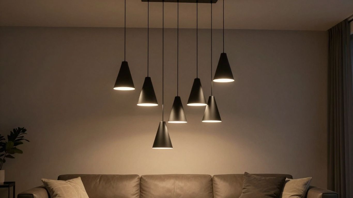 Stylish black pendant lights illuminating a modern living room.
