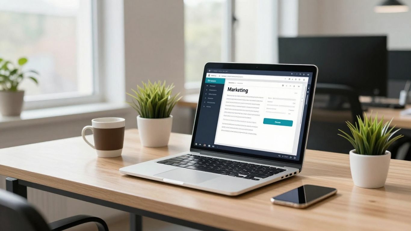 Laptop displaying digital marketing interface in a modern office.