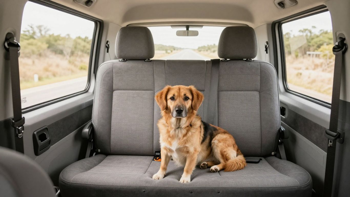 Dog resting securely inside a parked travel van