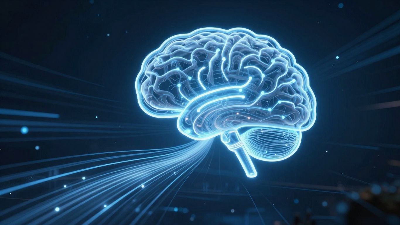 Digital pathways leading to a brain icon.
