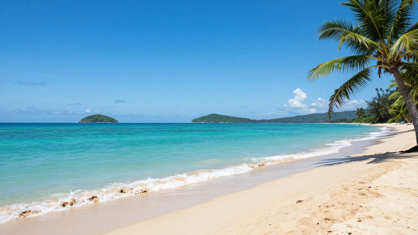 Tropical beach with clear water and palm trees.