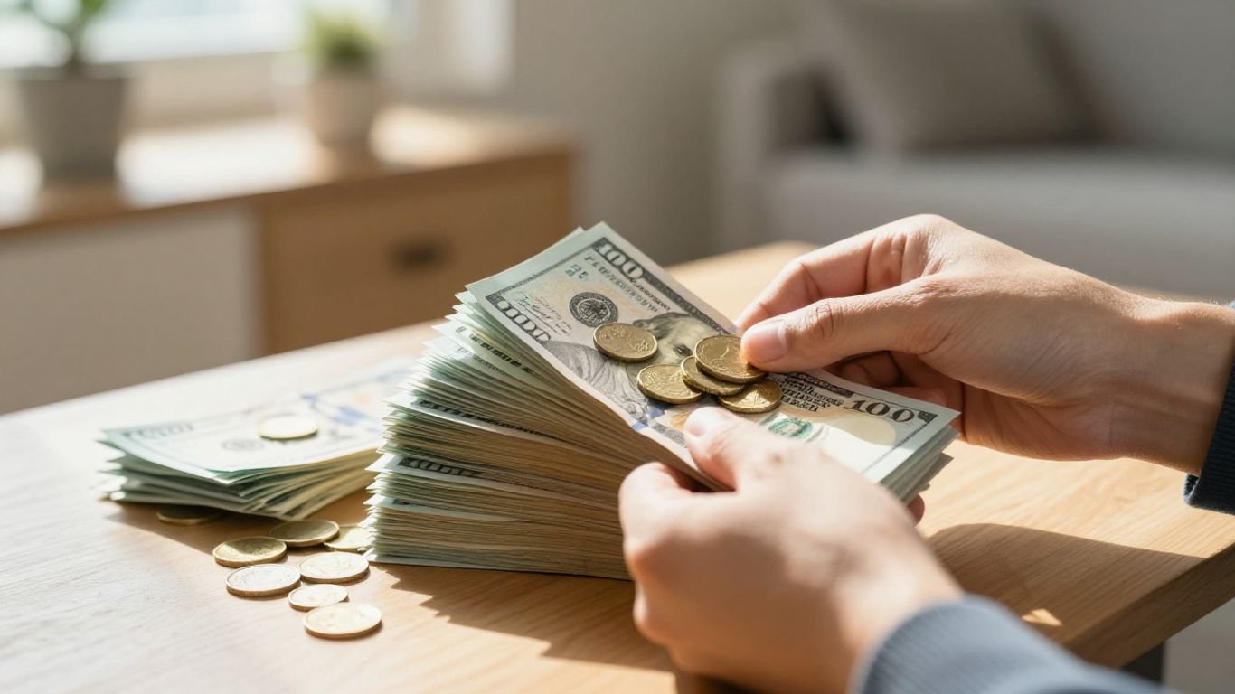 Persona revisando dinero y facturas con enfoque.