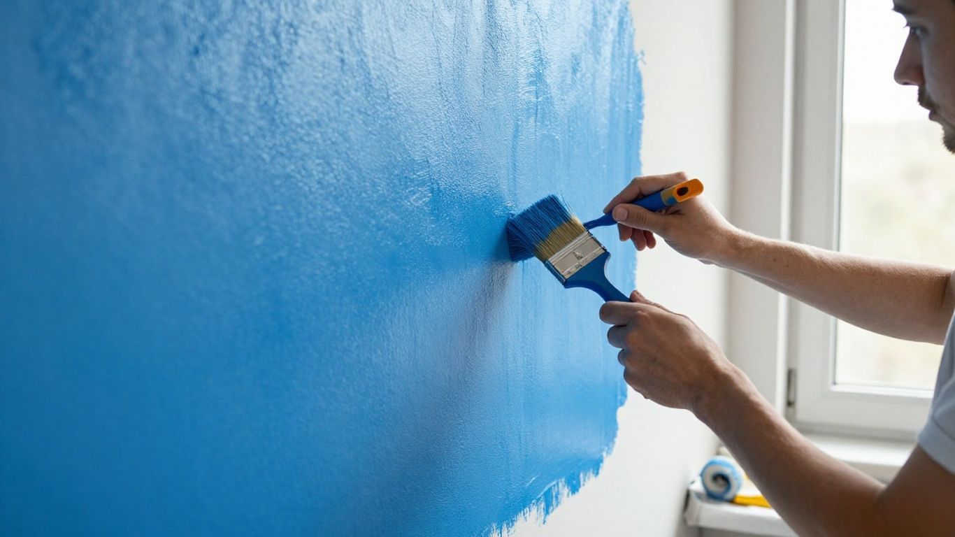 Painter applying blue paint to interior wall.
