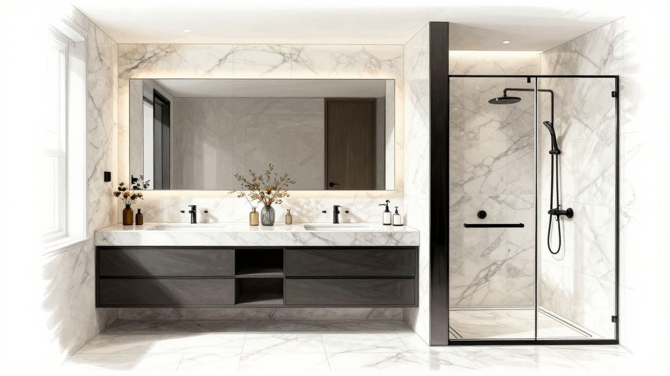 Sketch of a modern bathroom with quartz tiles.