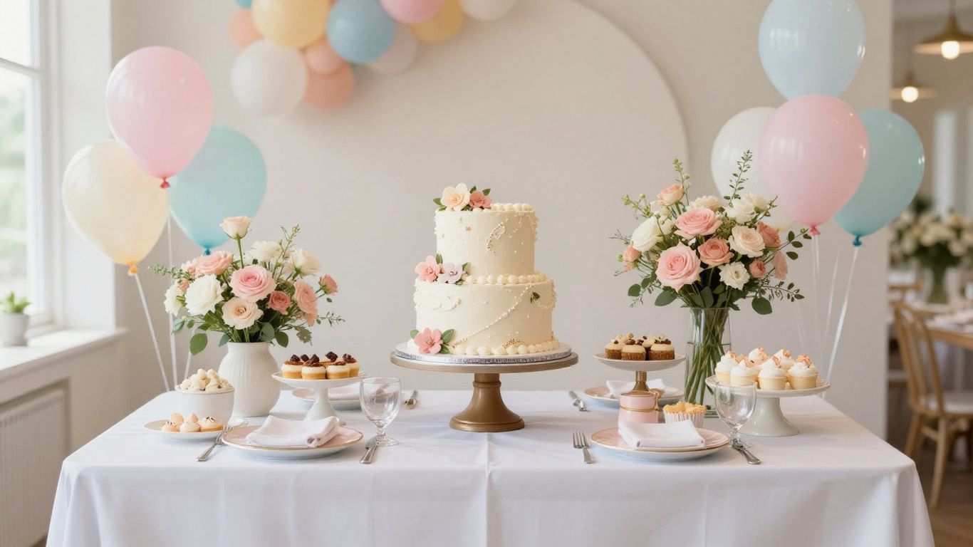 Elegant Dallas baby shower venue with balloons and cake.