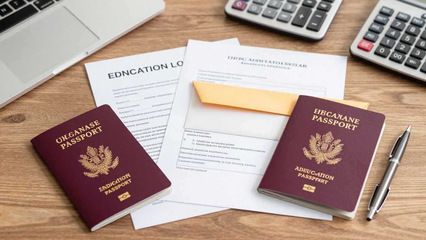 Organised education loan documents beside passport and laptop
