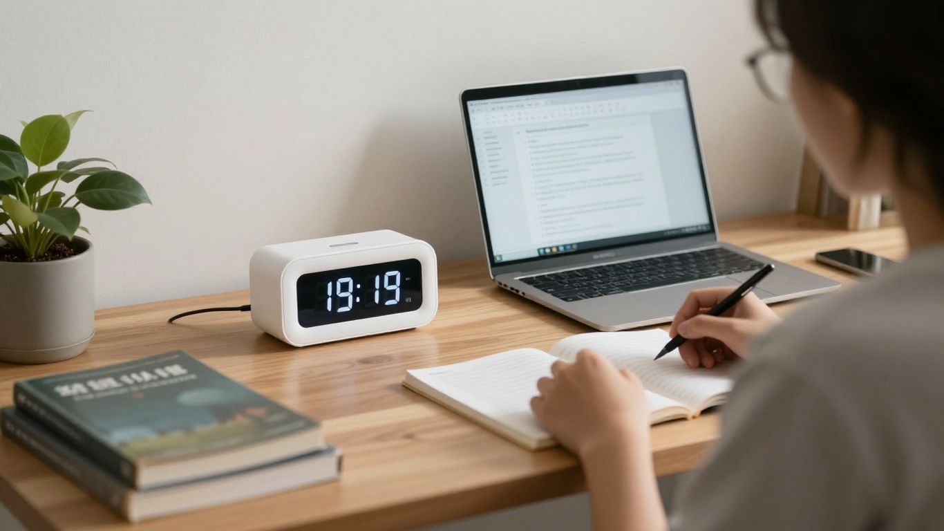 Student studying with a focus timer on desk.