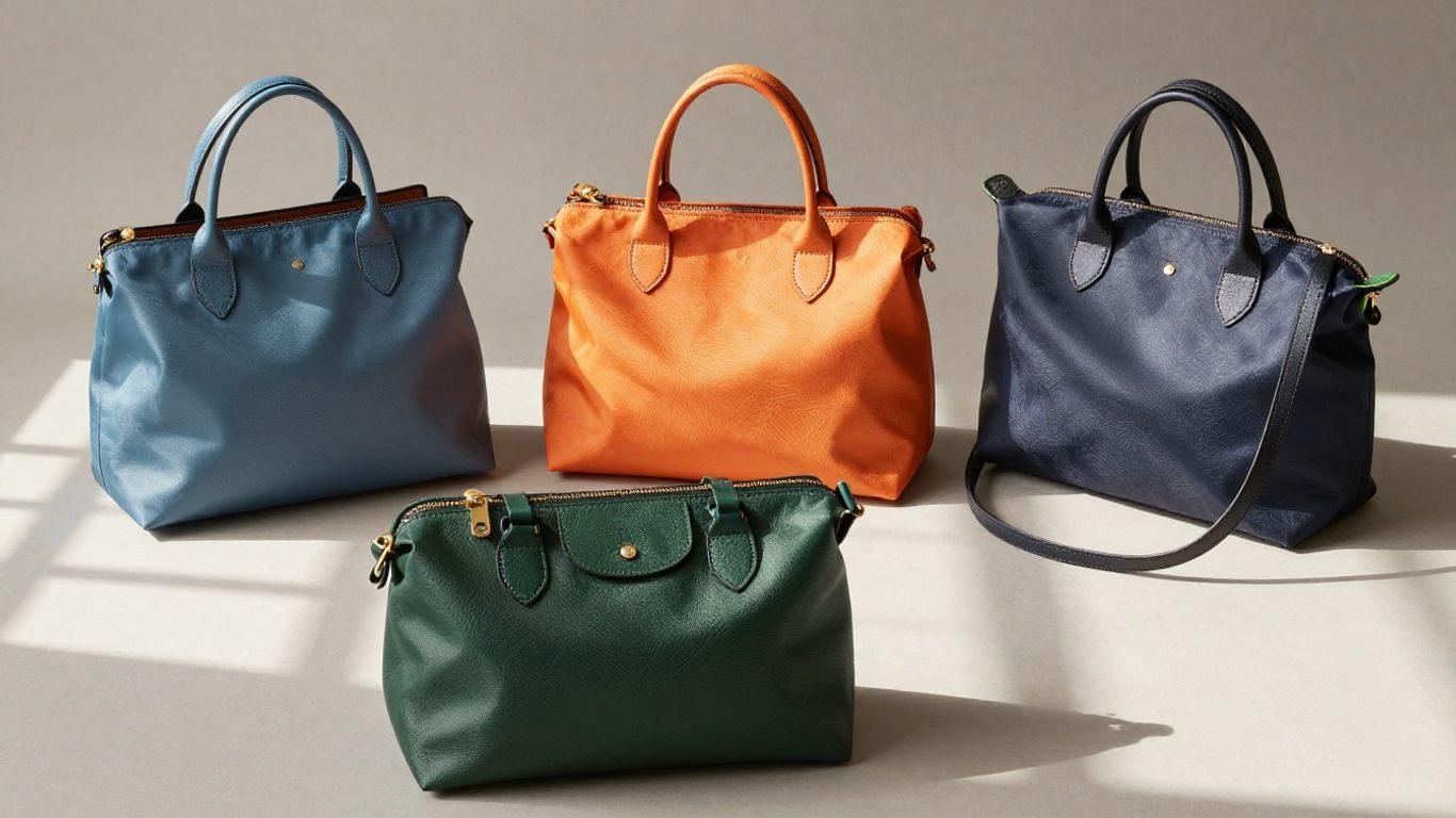 Assortment of colorful Longchamp Le Pliage bags.