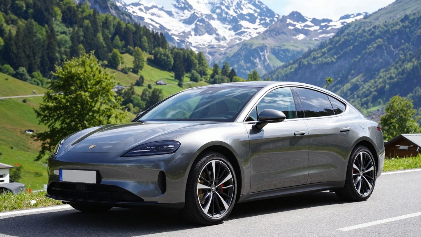 Glänzendes Auto auf Schweizer Bergstraße mit Bergsicht.