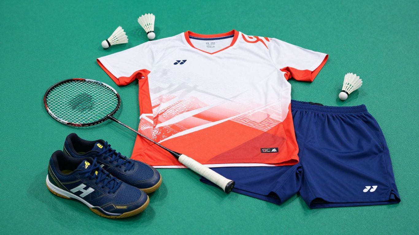Badminton kit with racket, shuttlecocks, and shoes.