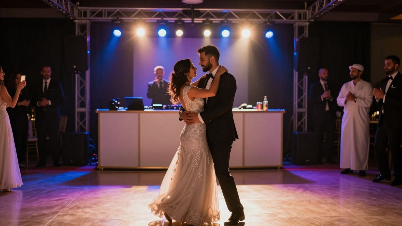 Wedding DJ and dancing couple at reception