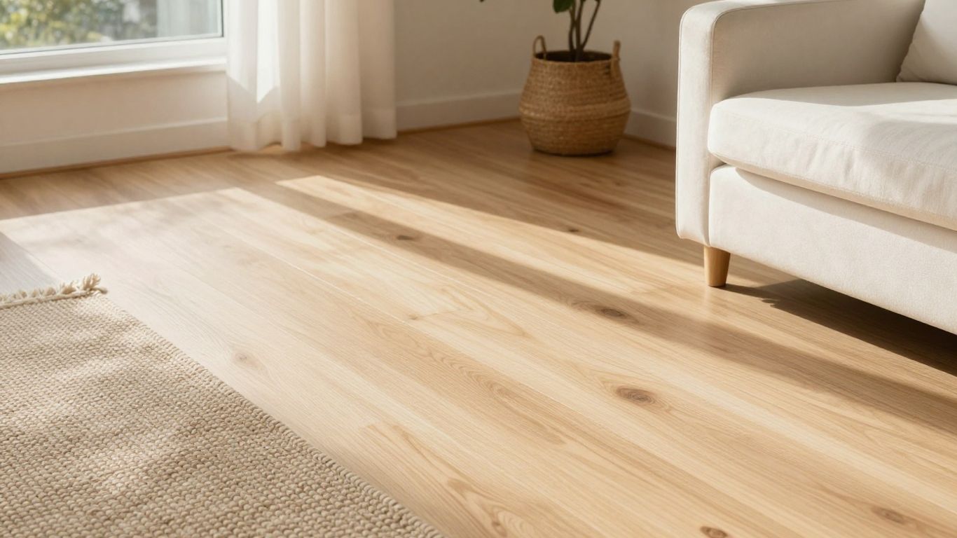 Light wood floor in a bright, airy coastal living room.