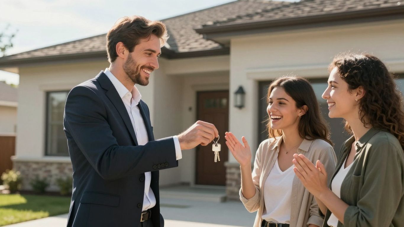 Real estate agent giving keys to happy couple.