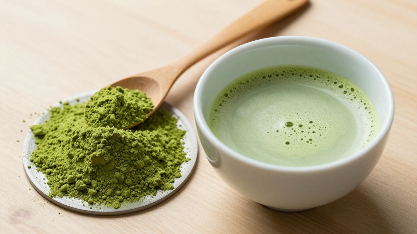Premium matcha tea powder and whisked matcha in a bowl.