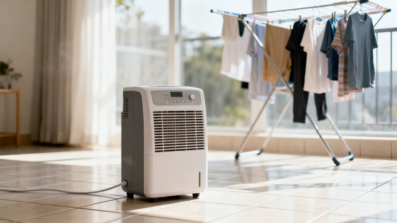 An efficient dehumidifier positioned in a laundry room