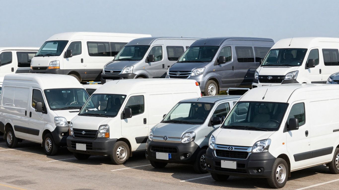 Suzuki commercial vans lined up for business.