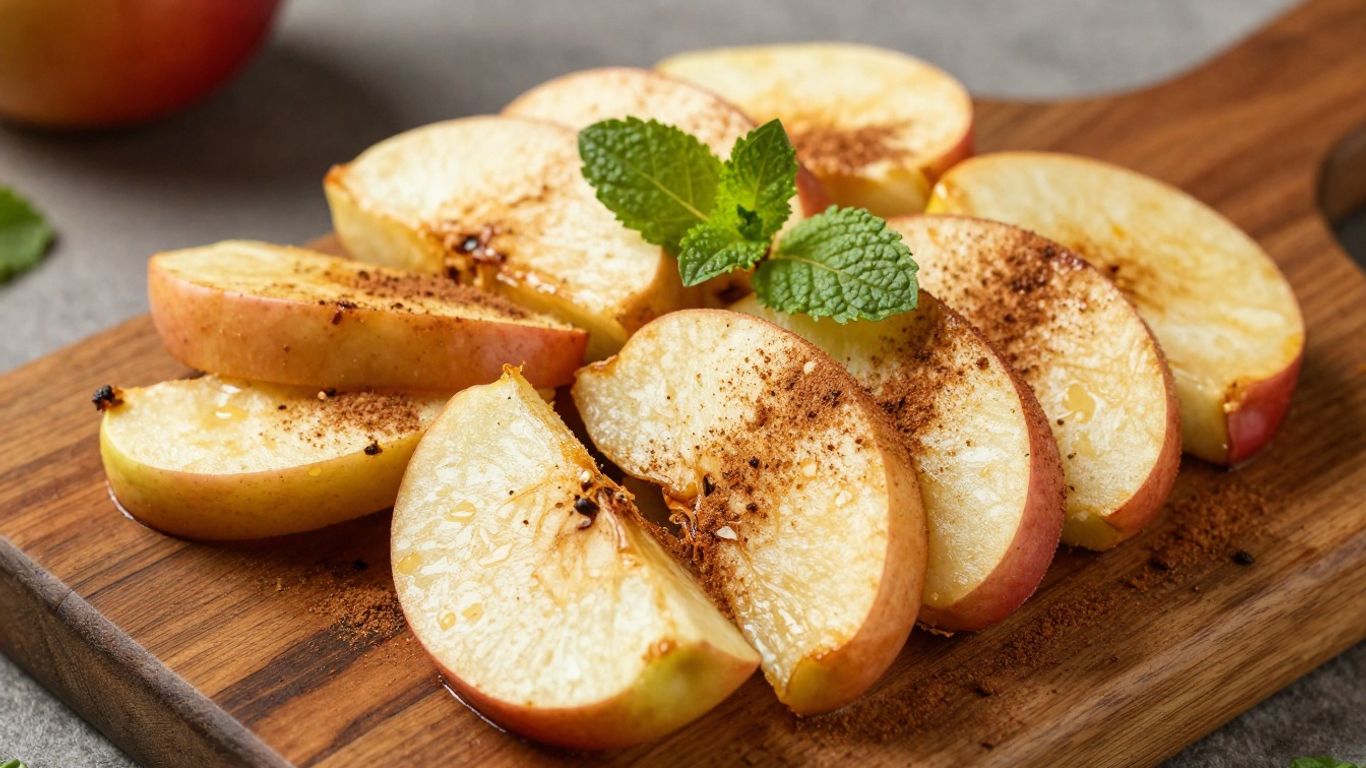 Golden air fryer apple slices with cinnamon on a wooden board.