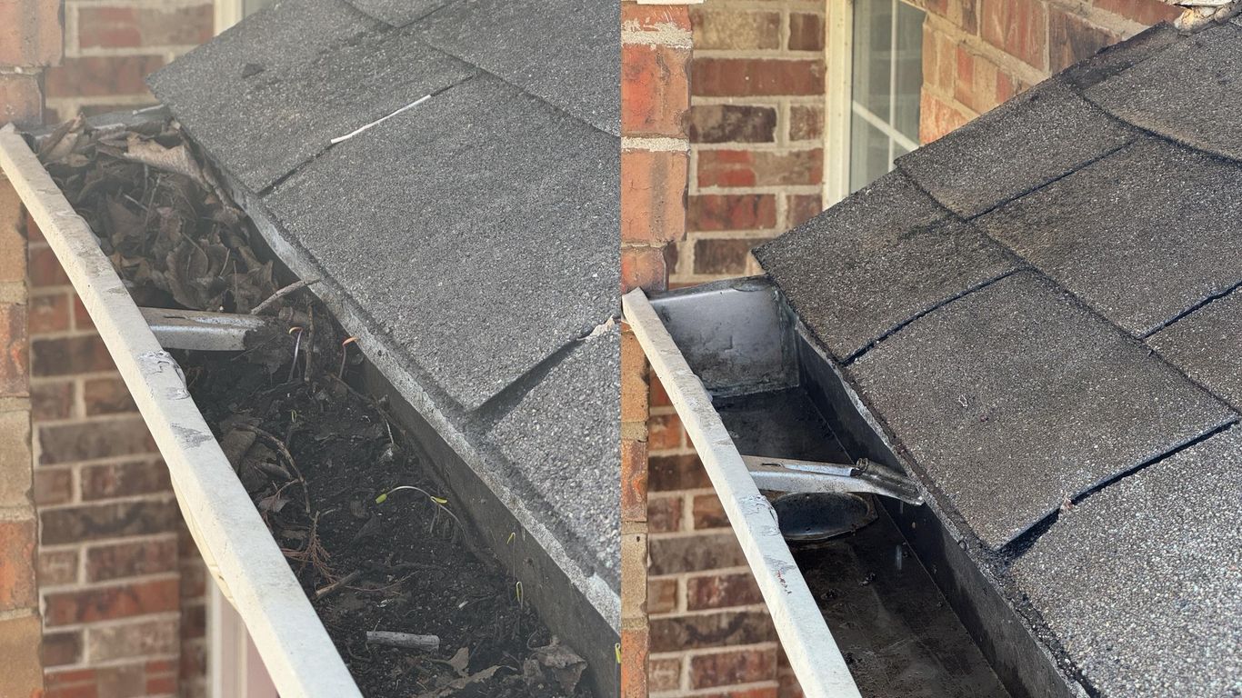 Before and after cleaning of a clogged gutter filled with leaves and debris.