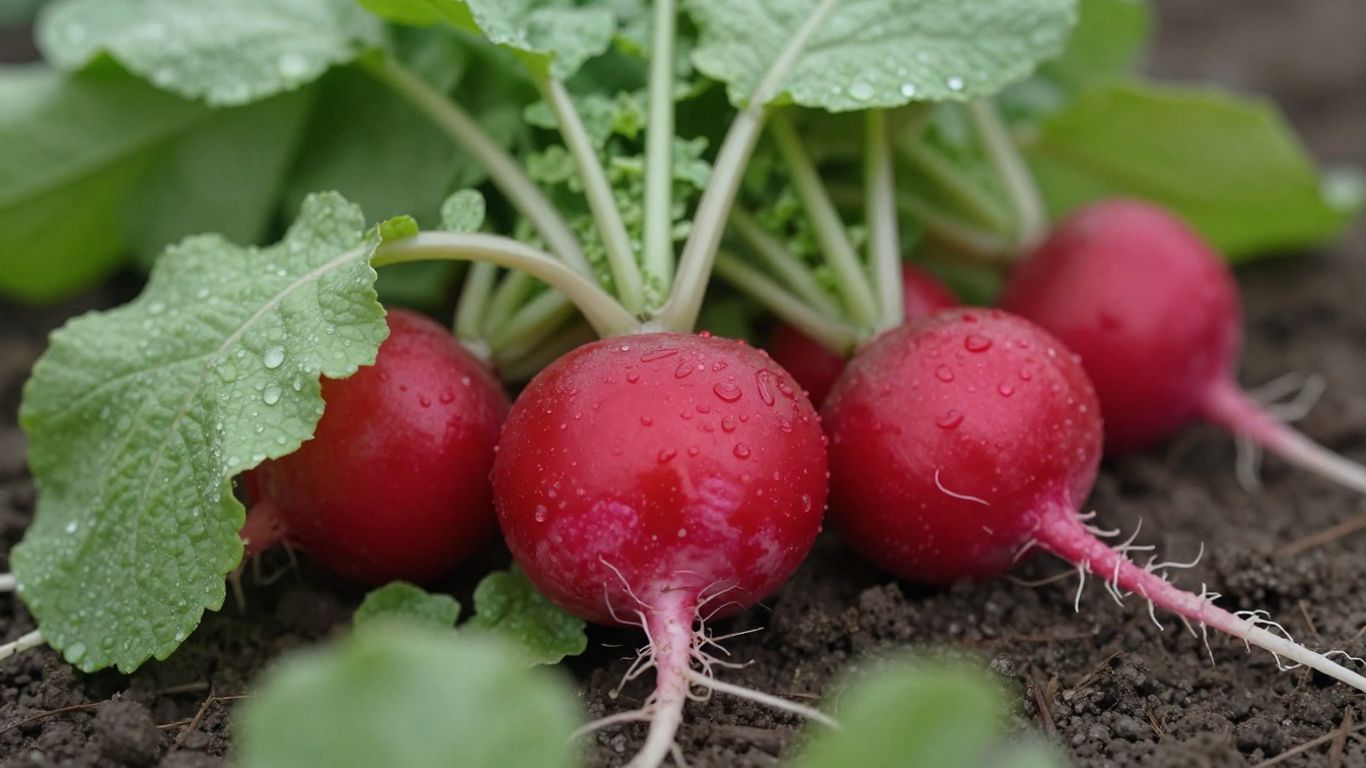 Frisch geerntete Radieschen mit grünen Blättern im Garten.