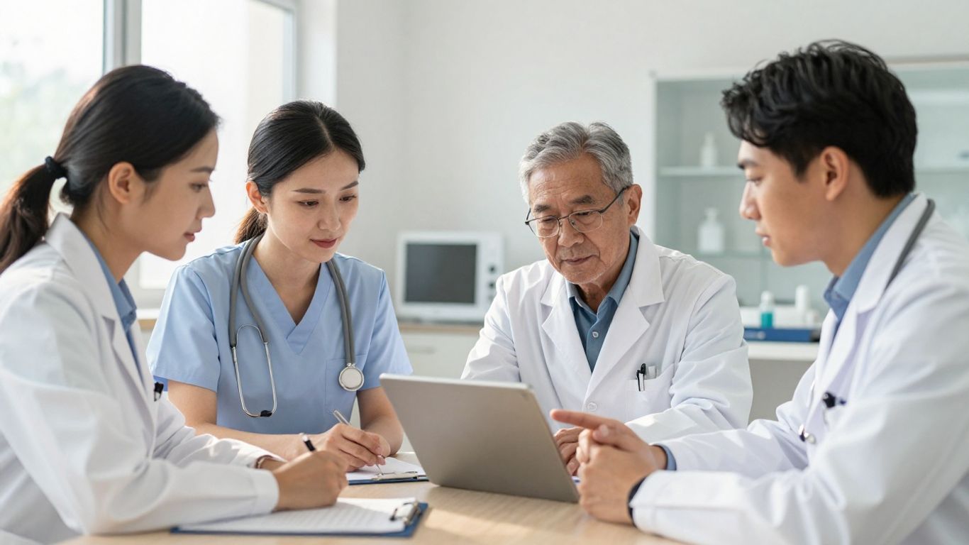 Diverse American dermatologists collaborating in a modern clinic.