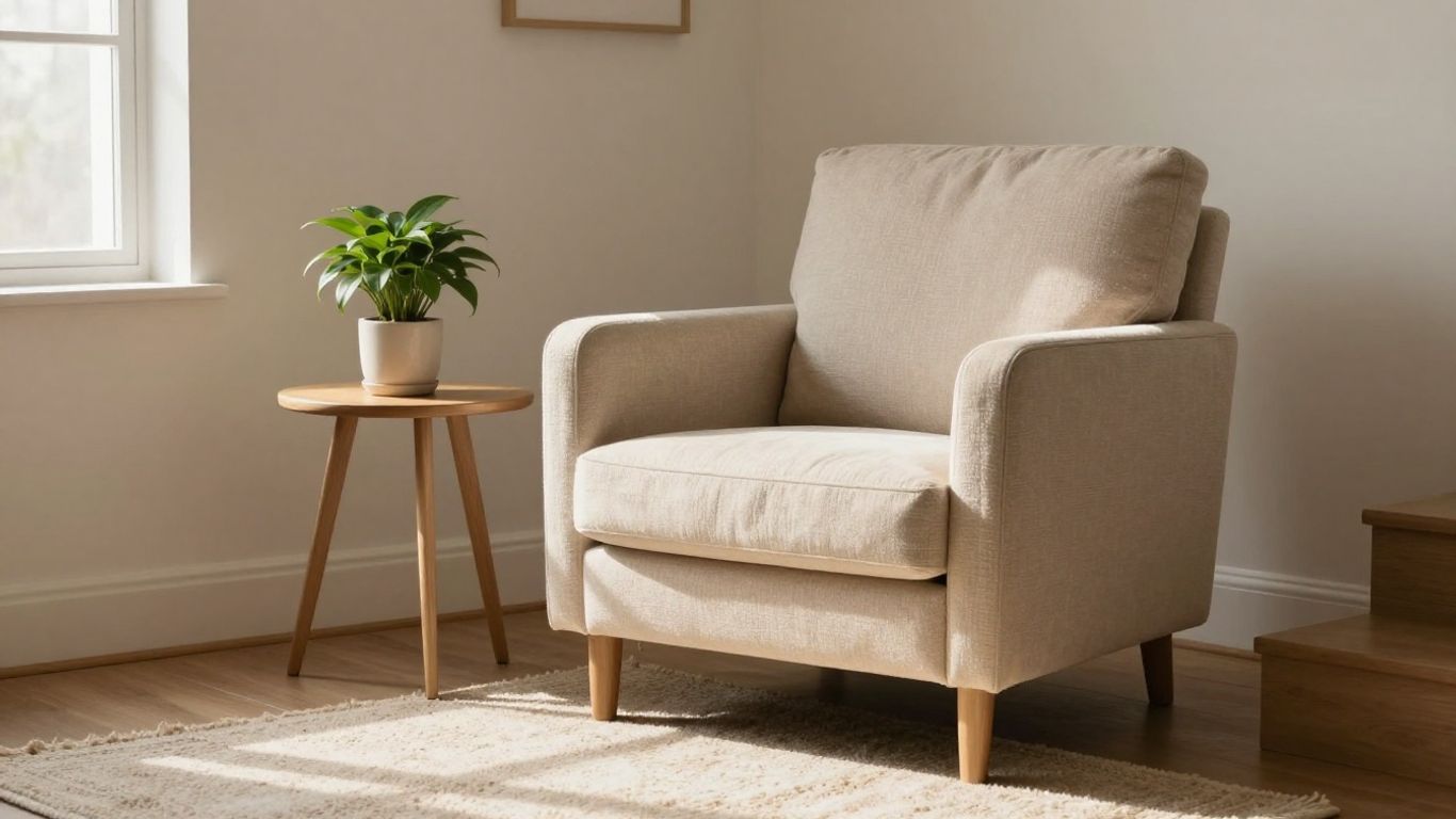 Cozy stair landing with armchair and plant.