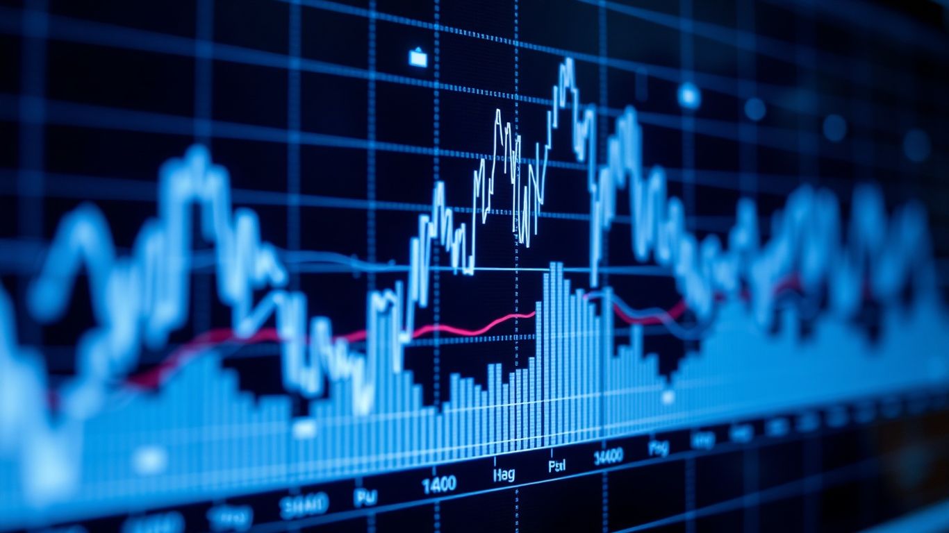 Financial data interface with abstract shapes and lines.