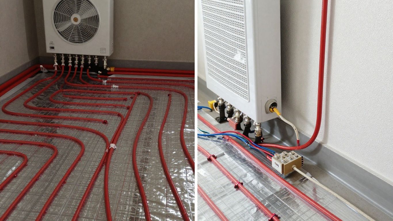 Comparaison visuelle des systèmes de chauffage au sol hydraulique et électrique.